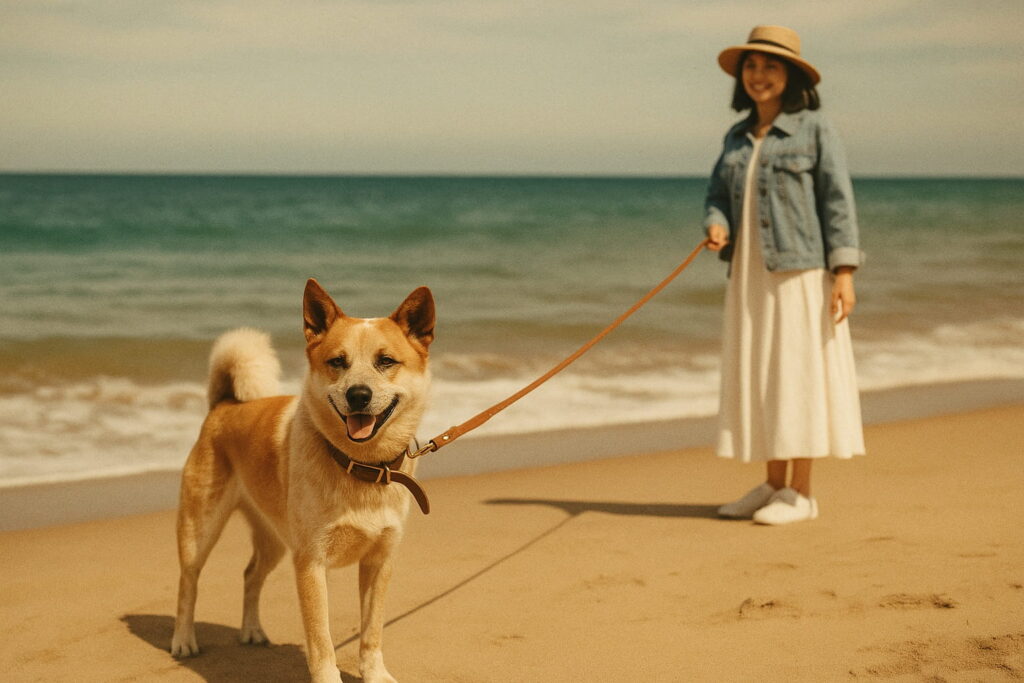 海で飼い主とお散歩する犬